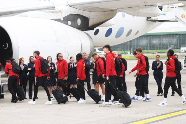 Belgium s players pictured at the departure of Belgian national soccer team the Red Devils from Brussels Airport, Monday 08 June 2026, in Zaventem. The Red Devils fly to their base camp in Seattle for the FIFA World Cup, WM, Weltmeisterschaft, Fussball 2026 which is held in the United States, Canada and Mexico. BRUNOxFAHY  x176599212x