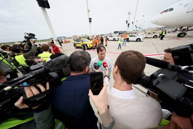Belgium s head coach Rudi Garcia talks to the press at the departure of Belgian national soccer team the Red Devils from Brussels Airport, Monday 08 June 2026, in Zaventem. The Red Devils fly to their base camp in Seattle for the FIFA World Cup, WM, Weltmeisterschaft, Fussball 2026 which is held in the United States, Canada and Mexico. BRUNOxFAHY  x176599823x
