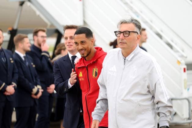 Chief Football Operations Pierre Locht, Belgium s Youri Tielemans and Belgium s spokesman David Steegen pictured at the departure of Belgian national soccer team the Red Devils from Brussels Airport, Monday 08 June 2026, in Zaventem. The Red Devils fly to their base camp in Seattle for the FIFA World Cup, WM, Weltmeisterschaft, Fussball 2026 which is held in the United States, Canada and Mexico. BRUNOxFAHY  x176600249x