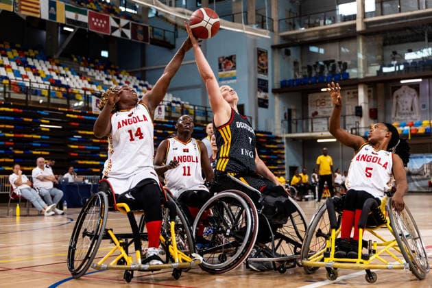 GUADALAJARA, SPAIN - JUNE 08: Lena Knippelmeyer (Germany, 9) controls the ball against Angelica Costa (Angola, 14) and Rita Manuel (Angola, 5) during the 2026 IWBF Women™s Repechage match between Angola vs. Germany at Palacio Multiusos de Guadalajara on June 08, 2026 in Guadalajara, Spain. Spain Copyright: xSteffiexWunderlx