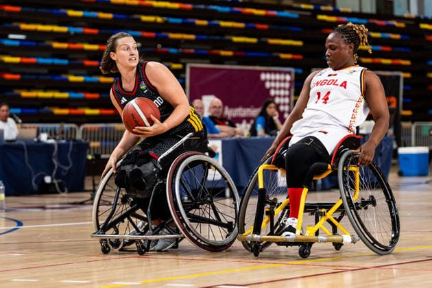 GUADALAJARA, SPAIN - JUNE 08: Lena Knippelmeyer (Germany, 9) controls the ball against Angelica Costa (Angola, 14) during the 2026 IWBF Women™s Repechage match between Angola vs. Germany at Palacio Multiusos de Guadalajara on June 08, 2026 in Guadalajara, Spain. Spain Copyright: xSteffiexWunderlx