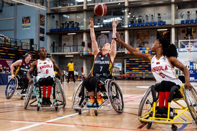 GUADALAJARA, SPAIN - JUNE 08: Anne Patzwald (Germany, 7) shooting the ball against Maria Martelo (Angola, 6) and Rita Manuel (Angola, 5) during the 2026 IWBF Women™s Repechage match between Angola vs. Germany at Palacio Multiusos de Guadalajara on June 08, 2026 in Guadalajara, Spain. Spain Copyright: xSteffiexWunderlx