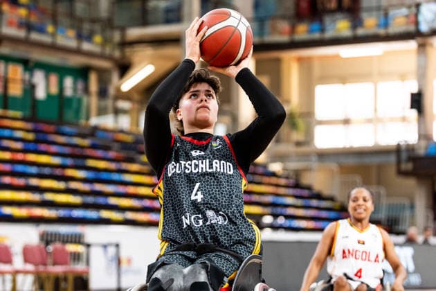 GUADALAJARA, SPAIN - JUNE 08: Leyla-Nur Staehler (Stähler, Stahler, Germany, 4) shooting the ball during the 2026 IWBF Women™s Repechage match between Angola vs. Germany at Palacio Multiusos de Guadalajara on June 08, 2026 in Guadalajara, Spain. Spain Copyright: xSteffiexWunderlx