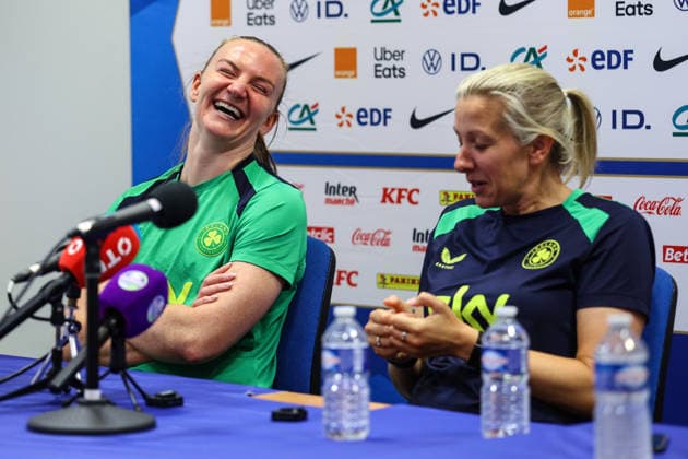 Republic of Ireland WNT press conference, PK, Pressekonferenz Stade des Alpes, Grenoble, France 8 6 2026 Courtney Brosnan and Head coach Carla Ward Courtney Brosnan and Carla Ward 8 6 2026  Copyright: x INPHO BenxBradyx BB2_9447