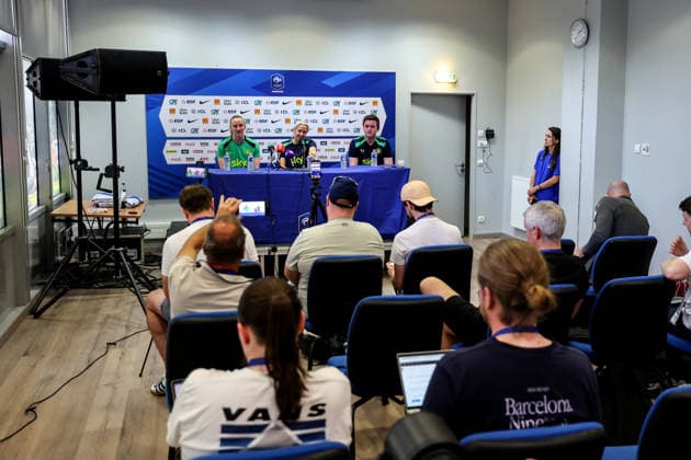 Republic of Ireland WNT press conference, PK, Pressekonferenz Stade des Alpes, Grenoble, France 8 6 2026 Courtney Brosnan, Head coach Carla Ward and Communications manager Kieran Crowley Courtney Brosnan, Carla Ward and Kieran Crowley 8 6 2026  Copyright: x INPHO BenxBradyx BB3_6860