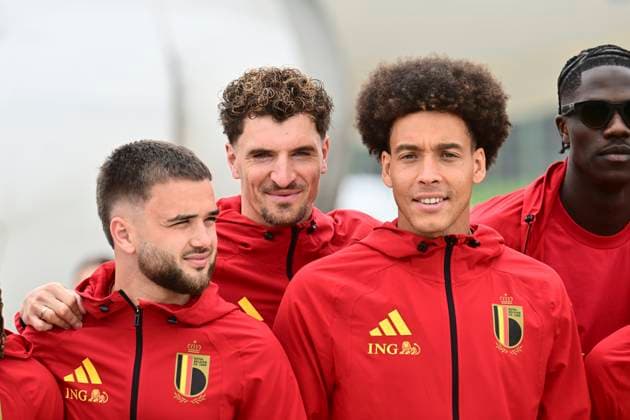 Belgian national football team - 2026 FIFA World Cup, WM, Weltmeisterschaft, Fussball - media activities 08 06 2026 ZAVENTEM, BELGIUM - JUNE 08 : Raskin Nicolas midfielder of Belgium, Meunier Thomas defender of Belgium, Witsel Axel midfielder of Belgium pictured at Brussels airport before takeoff towards Seattle ahead of the FIFA World Cup 2026 on June 8, 2026 in Zaventem, Belgium, 08 06 2026 Zaventem Belgium  Copyright: xPeterxDexVoechtx