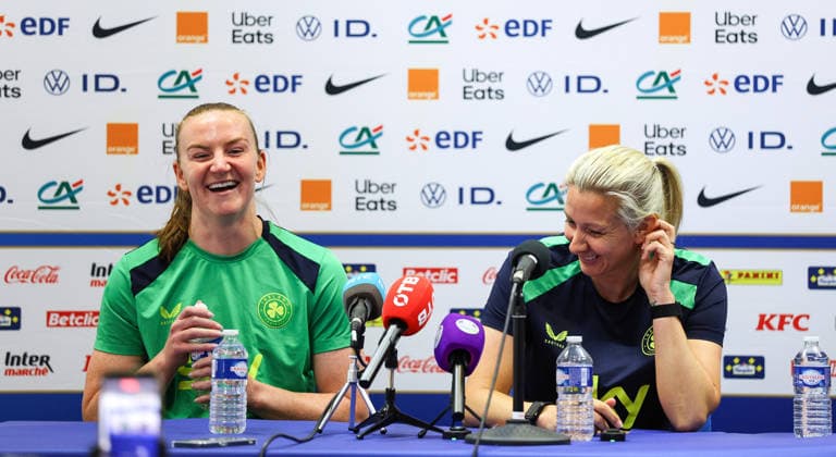 Republic of Ireland WNT press conference, PK, Pressekonferenz Stade des Alpes, Grenoble, France 8 6 2026 Courtney Brosnan and Head coach Carla Ward Courtney Brosnan and Carla Ward 8 6 2026  Copyright: x INPHO BenxBradyx BB2_9331