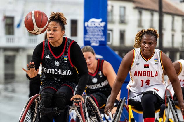 GUADALAJARA, SPAIN - JUNE 08: Roli-Ann Neubauer (Germany, 11) controls the ball against Angelica Costa (Angola, 14) during the 2026 IWBF Women™s Repechage match between Angola vs. Germany at Palacio Multiusos de Guadalajara on June 08, 2026 in Guadalajara, Spain. Spain Copyright: xSteffiexWunderlx