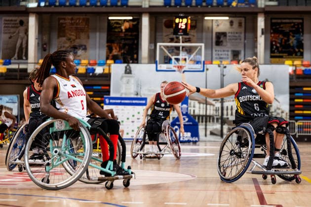 GUADALAJARA, SPAIN - JUNE 08: Catharina Weiss (Germany, 6) controls the ball against Maria Martelo (Angola, 6) during the 2026 IWBF Women™s Repechage match between Angola vs. Germany at Palacio Multiusos de Guadalajara on June 08, 2026 in Guadalajara, Spain. Spain Copyright: xSteffiexWunderlx