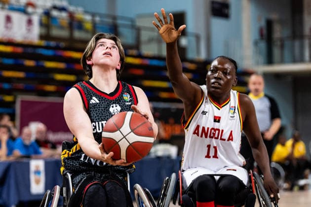 GUADALAJARA, SPAIN - JUNE 08: Annika Sonnleitner (Germany, 12) controls the ball against Lucia Kiala (Angola, 11) during the 2026 IWBF Women™s Repechage match between Angola vs. Germany at Palacio Multiusos de Guadalajara on June 08, 2026 in Guadalajara, Spain. Spain Copyright: xSteffiexWunderlx