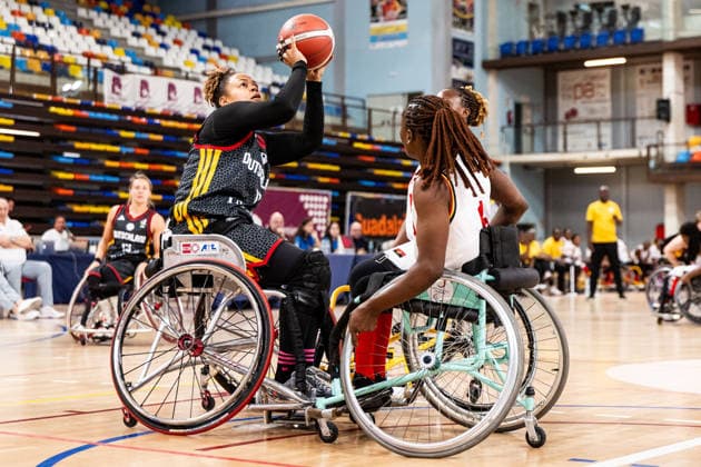 GUADALAJARA, SPAIN - JUNE 08: Roli-Ann Neubauer (Germany, 11) controls the ball against Maria Martelo (Angola, 6) during the 2026 IWBF Women™s Repechage match between Angola vs. Germany at Palacio Multiusos de Guadalajara on June 08, 2026 in Guadalajara, Spain. Spain Copyright: xSteffiexWunderlx
