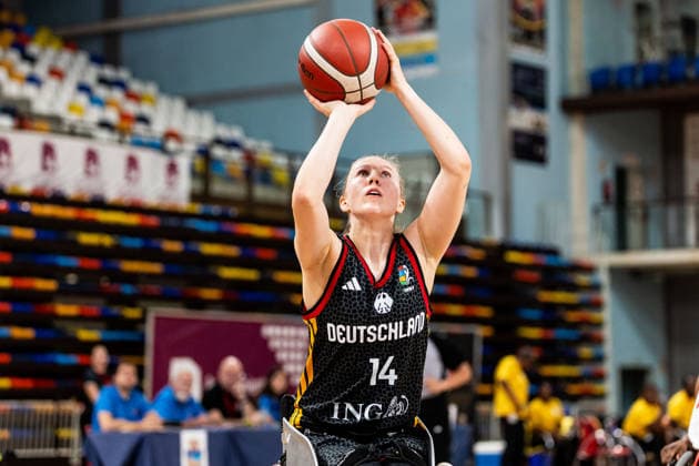 GUADALAJARA, SPAIN - JUNE 08: Lilly-Rose Sellak (Germany, 14) controls the ball during the 2026 IWBF Women™s Repechage match between Angola vs. Germany at Palacio Multiusos de Guadalajara on June 08, 2026 in Guadalajara, Spain. Spain Copyright: xSteffiexWunderlx