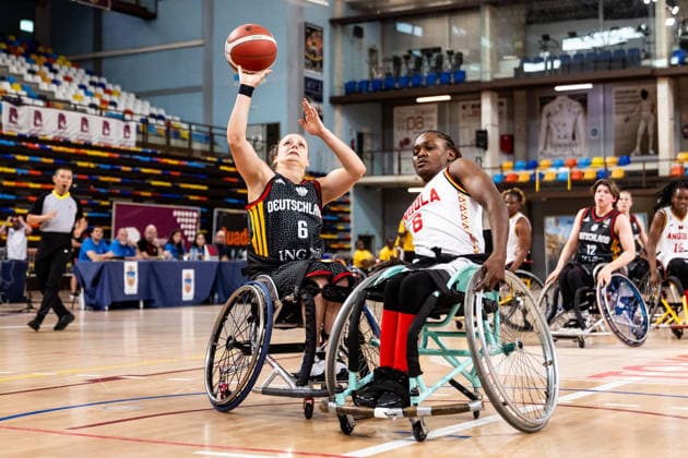GUADALAJARA, SPAIN - JUNE 08: Catharina Weiss (Germany, 6) controls the ball against Maria Martelo (Angola, 6) during the 2026 IWBF Women™s Repechage match between Angola vs. Germany at Palacio Multiusos de Guadalajara on June 08, 2026 in Guadalajara, Spain. Spain Copyright: xSteffiexWunderlx