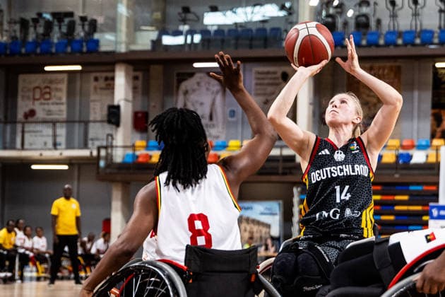 GUADALAJARA, SPAIN - JUNE 08: Lilly-Rose Sellak (Germany, 14) shoots the ball against Valentina Tcheiteculo (Angola, 8) during the 2026 IWBF Women™s Repechage match between Angola vs. Germany at Palacio Multiusos de Guadalajara on June 08, 2026 in Guadalajara, Spain. Spain Copyright: xSteffiexWunderlx
