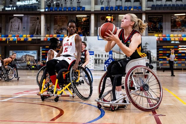 GUADALAJARA, SPAIN - JUNE 08: Lilly-Rose Sellak (Germany, 14) controls the ball against Ermigalda Manuel (Angola, 15) during the 2026 IWBF Women™s Repechage match between Angola vs. Germany at Palacio Multiusos de Guadalajara on June 08, 2026 in Guadalajara, Spain. Spain Copyright: xSteffiexWunderlx