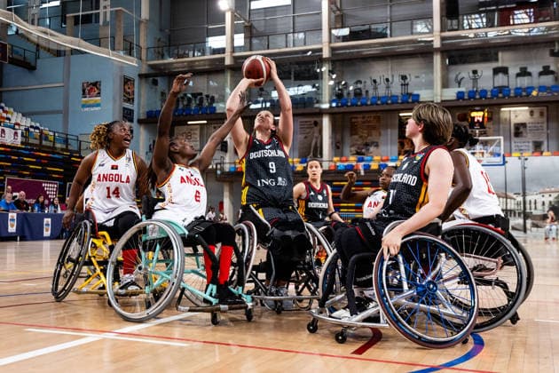 GUADALAJARA, SPAIN - JUNE 08: Lena Knippelmeyer (Germany, 9) controls the ball against Angelica Costa (Angola, 14), Maria Martelo (Angola, 6) during the 2026 IWBF Women™s Repechage match between Angola vs. Germany at Palacio Multiusos de Guadalajara on June 08, 2026 in Guadalajara, Spain. Spain Copyright: xSteffiexWunderlx