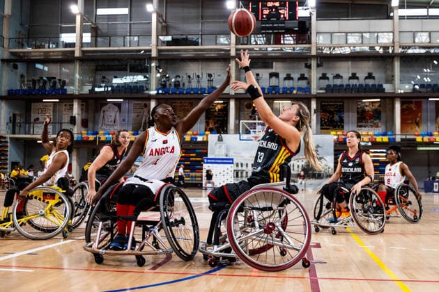 GUADALAJARA, SPAIN - JUNE 08: Svenja Mayer (Germany, 13) shooting the ball over Lucia Kiala (Angola, 11) during the 2026 IWBF Women™s Repechage match between Angola vs. Germany at Palacio Multiusos de Guadalajara on June 08, 2026 in Guadalajara, Spain. Spain Copyright: xSteffiexWunderlx