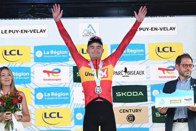 Tour Auvergne - Rhone-Alpes 2026 Stage 2 LE PUY-EN-VELAY, FRANCE - JUNE 08 : Charmig Anthon (DEN) of Uno-X Mobility pictured during the podium ceremony of stage 2 of the 78th edition of Tour Auvergne - Rhone-Alpes an UCI World Tour 2.UWT cycling road race stage for Men Elite of 234.3 km with start in Saint-Martin-Le-Vinoux and finish in Le Puy-en-Velay on June 8, 2026 in Le Puy-en-Velay, France, 08 06 2026 ( Motordriver Guy De Vuyst - Le Puy-en-Velay France  Copyright: xVincentxKalutx