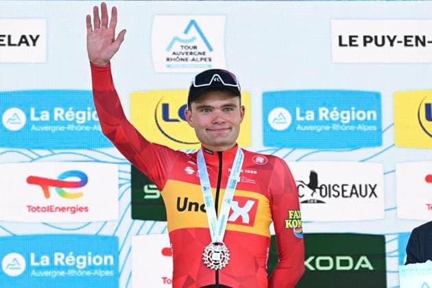 Tour Auvergne - Rhone-Alpes 2026 Stage 2 LE PUY-EN-VELAY, FRANCE - JUNE 08 : Charmig Anthon (DEN) of Uno-X Mobility pictured during the podium ceremony of stage 2 of the 78th edition of Tour Auvergne - Rhone-Alpes an UCI World Tour 2.UWT cycling road race stage for Men Elite of 234.3 km with start in Saint-Martin-Le-Vinoux and finish in Le Puy-en-Velay on June 8, 2026 in Le Puy-en-Velay, France, 08 06 2026 ( Motordriver Guy De Vuyst - Le Puy-en-Velay France  Copyright: xVincentxKalutx