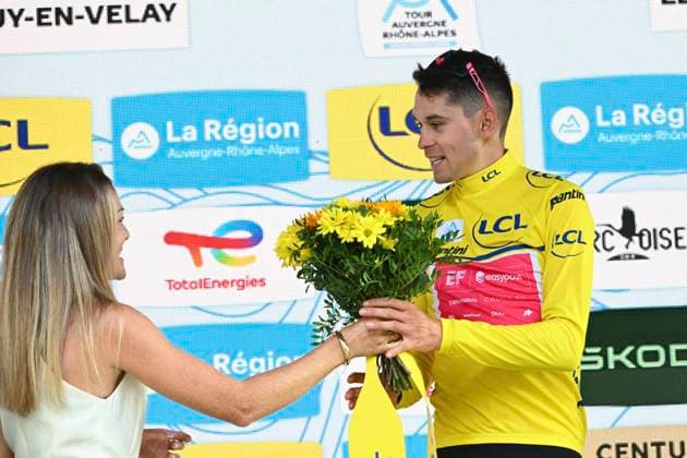 Tour Auvergne - Rhone-Alpes 2026 Stage 2 LE PUY-EN-VELAY, FRANCE - JUNE 08 : Baudin Alex (FRA) of EF Education EasyPost pictured with the yellow jersey during the podium ceremony of stage 2 of the 78th edition of Tour Auvergne - Rhone-Alpes an UCI World Tour 2.UWT cycling road race stage for Men Elite of 234.3 km with start in Saint-Martin-Le-Vinoux and finish in Le Puy-en-Velay on June 8, 2026 in Le Puy-en-Velay, France, 08 06 2026 ( Motordriver Guy De Vuyst - Le Puy-en-Velay France  Copyright: xVincentxKalutx