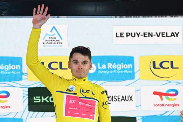 Tour Auvergne - Rhone-Alpes 2026 Stage 2 LE PUY-EN-VELAY, FRANCE - JUNE 08 : Baudin Alex (FRA) of EF Education EasyPost pictured with the yellow jersey during the podium ceremony of stage 2 of the 78th edition of Tour Auvergne - Rhone-Alpes an UCI World Tour 2.UWT cycling road race stage for Men Elite of 234.3 km with start in Saint-Martin-Le-Vinoux and finish in Le Puy-en-Velay on June 8, 2026 in Le Puy-en-Velay, France, 08 06 2026 ( Motordriver Guy De Vuyst - Le Puy-en-Velay France  Copyright: xVincentxKalutx