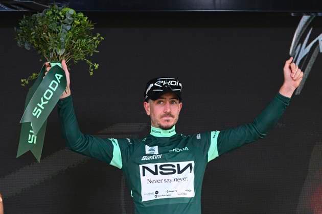 Tour Auvergne - Rhone-Alpes 2026 Stage 2 LE PUY-EN-VELAY, FRANCE - JUNE 08 : Raisberg Nadav (ISR) of NSN Cycling Team pictured with the green jersey during the podium ceremony of stage 2 of the 78th edition of Tour Auvergne - Rhone-Alpes an UCI World Tour 2.UWT cycling road race stage for Men Elite of 234.3 km with start in Saint-Martin-Le-Vinoux and finish in Le Puy-en-Velay on June 8, 2026 in Le Puy-en-Velay, France, 08 06 2026 ( Motordriver Guy De Vuyst - Le Puy-en-Velay France  Copyright: xVincentxKalutx