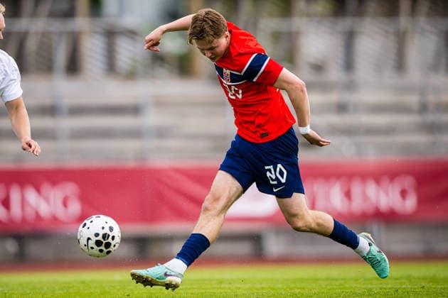 260608 Kristian Lonebu of Norway missing a chance to score during the under-21 International Friendly, Länderspiel, Nationalmannschaft football match between Norway and Finland on June 8, 2026 in Moss. Photo: Marius Simensen BILDBYRAN COP 238 bbeng finland football fotball fotboll international friendly norge norway privatlandskamp soccer träningslandskamp U21, U 21 under 21