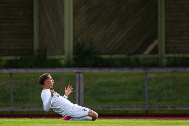260608 Onni HelÃ n of Finland celebrates after scoring the 0-1 goal during the under-21 International Friendly, Länderspiel, Nationalmannschaft football match between Norway and Finland on June 8, 2026 in Moss. Photo: Marius Simensen BILDBYRAN COP 238 bbeng finland football fotball fotboll international friendly jubel norge norway privatlandskamp soccer träningslandskamp U21, U 21 under 21