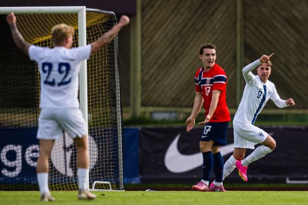 260608 Onni HelÃ n of Finland celebrates after scoring the 0-1 goal during the under-21 International Friendly, Länderspiel, Nationalmannschaft football match between Norway and Finland on June 8, 2026 in Moss. Photo: Marius Simensen BILDBYRAN COP 238 bbeng finland football fotball fotboll international friendly jubel norge norway privatlandskamp soccer träningslandskamp U21, U 21 under 21