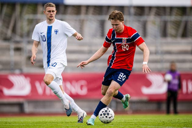 260608 Jimi Tauriainen of Finland and Kristian Lonebu of Norway during the under-21 International Friendly, Länderspiel, Nationalmannschaft football match between Norway and Finland on June 8, 2026 in Moss. Photo: Marius Simensen BILDBYRAN COP 238 bbeng finland football fotball fotboll international friendly norge norway privatlandskamp soccer träningslandskamp U21, U 21 under 21