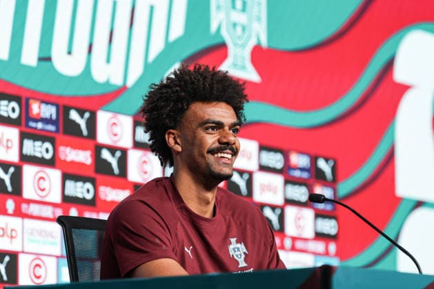 press conference, PK, Pressekonferenz of the Portuguese national football team in the football city of Oeiras - Portugal, June 8, 2026, in Alges, Portugal. Renato Veiga (Portugal ,13)