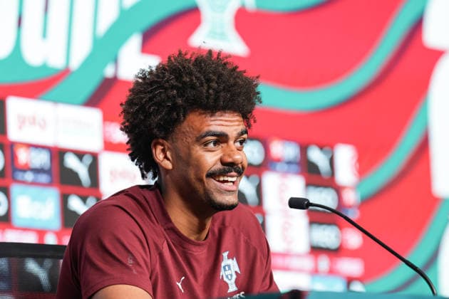 press conference, PK, Pressekonferenz of the Portuguese national football team in the football city of Oeiras - Portugal, June 8, 2026, in Alges, Portugal. Renato Veiga (Portugal ,13)