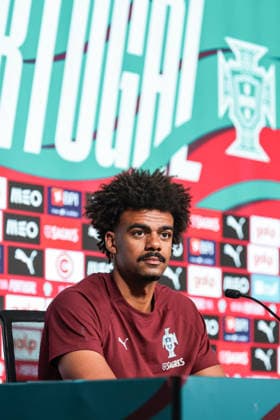 press conference, PK, Pressekonferenz of the Portuguese national football team in the football city of Oeiras - Portugal, June 8, 2026, in Alges, Portugal. Renato Veiga (Portugal ,13)