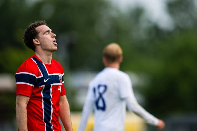 260608 Edvin Austbo of Norway looks dejected after missing a chance to score during the under-21 International Friendly, Länderspiel, Nationalmannschaft football match between Norway and Finland on June 8, 2026 in Moss. Photo: Marius Simensen BILDBYRAN COP 238 bbeng depp finland football fotball fotboll international friendly norge norway privatlandskamp soccer träningslandskamp U21, U 21 under 21