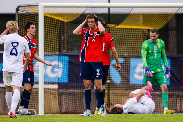 260608 Jens Hjerto-Dahl of Norway looks dejected during the under-21 International Friendly, Länderspiel, Nationalmannschaft football match between Norway and Finland on June 8, 2026 in Moss. Photo: Marius Simensen BILDBYRAN COP 238 bbeng depp finland football fotball fotboll international friendly norge norway privatlandskamp soccer träningslandskamp U21, U 21 under 21