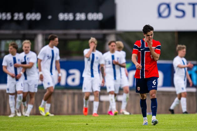 260608 Magnus Riisnaes of Norway looks dejected after 0-2 during the under-21 International Friendly, Länderspiel, Nationalmannschaft football match between Norway and Finland on June 8, 2026 in Moss. Photo: Marius Simensen BILDBYRAN COP 238 bbeng depp finland football fotball fotboll international friendly norge norway privatlandskamp soccer träningslandskamp U21, U 21 under 21
