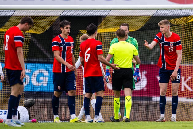 260608 Rasmus Holten of Norway reacts during the under-21 International Friendly, Länderspiel, Nationalmannschaft football match between Norway and Finland on June 8, 2026 in Moss. Photo: Marius Simensen BILDBYRAN COP 238 bbeng finland football fotball fotboll international friendly norge norway privatlandskamp soccer träningslandskamp U21, U 21 under 21