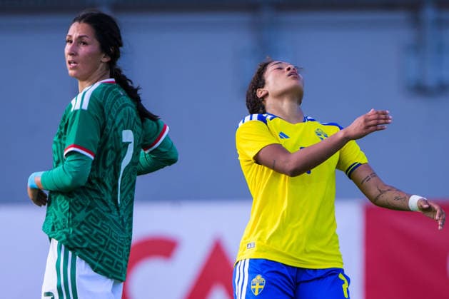 260608 Valerie Vargas Arceo of Mexico and Evelina Duljan of Sweden looks dejected during the under-23 International Friendly, Länderspiel, Nationalmannschaft football match between Sweden and Mexico on June 8, 2026 in Kalmar. Photo: Suvad Mrkonjic BILDBYRAN COP 170 SM0470 fotboll football soccer fotball träningslandskamp international friendly sverige sweden mexico dam bbeng depp sverige sweden