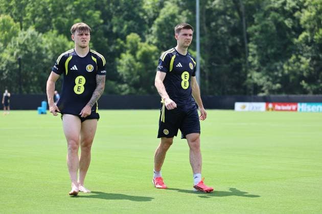 Ben Gannon-Doak of Scotland and Kieran Tierney of Scotland Scotland Training Session and press conference, PK, Pressekonferenz 2026 FIFA World Cup, WM, Weltmeisterschaft, Fussball Football, Atrium Health Performance Park, Charlotte, USA - 08 Jun 2026Charlotte Atrium Health Performance Park United States of America EDITORIAL USE ONLY No use with unauthorised audio, video, data, fixture lists, club league logos or live services. Online in-match use limited to 120 images, no video emulation. No use in betting, games or single club league player publications.  Copyright: xMichaelxZemanek Shutterstockx 16917216dp
