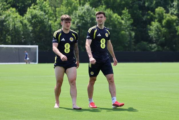 Ben Gannon-Doak of Scotland and Kieran Tierney of Scotland Scotland Training Session and press conference, PK, Pressekonferenz 2026 FIFA World Cup, WM, Weltmeisterschaft, Fussball Football, Atrium Health Performance Park, Charlotte, USA - 08 Jun 2026Charlotte Atrium Health Performance Park United States of America EDITORIAL USE ONLY No use with unauthorised audio, video, data, fixture lists, club league logos or live services. Online in-match use limited to 120 images, no video emulation. No use in betting, games or single club league player publications.  Copyright: xMichaelxZemanek Shutterstockx 16917216dq