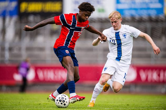 260608 Tobias Saliou Moi SÃ ne of Norway and Jesse Kilo of Finland during the under-21 International Friendly, Länderspiel, Nationalmannschaft football match between Norway and Finland on June 8, 2026 in Moss. Photo: Marius Simensen BILDBYRAN COP 238 bbeng finland football fotball fotboll international friendly norge norway privatlandskamp soccer träningslandskamp U21, U 21 under 21