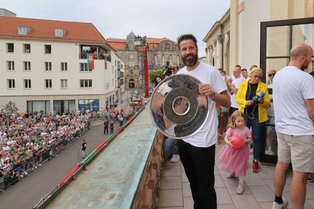 08.06.2026, xtgx, Handball, Daikin HBL, Empfang des deutschen Meisters SC Magdeburg im Rathaus v.l. Bennet Wiegert (Magdeburg, Trainer) Magdeburg