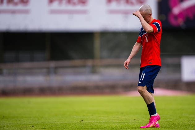 260608 Marius Broholm of Norway looks dejected after the under-21 International Friendly, Länderspiel, Nationalmannschaft football match between Norway and Finland on June 8, 2026 in Moss. Photo: Marius Simensen BILDBYRAN COP 238 bbeng depp finland football fotball fotboll international friendly norge norway privatlandskamp soccer träningslandskamp U21, U 21 under 21
