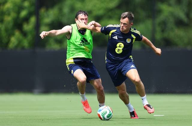 Lawrence Shankland of Scotland and John Souttar of Scotland Scotland Training Session and press conference, PK, Pressekonferenz 2026 FIFA World Cup, WM, Weltmeisterschaft, Fussball Football, Atrium Health Performance Park, Charlotte, USA - 08 Jun 2026Charlotte Atrium Health Performance Park United States of America EDITORIAL USE ONLY No use with unauthorised audio, video, data, fixture lists, club league logos or live services. Online in-match use limited to 120 images, no video emulation. No use in betting, games or single club league player publications.  Copyright: xMichaelxZemanek Shutterstockx 16917216fc