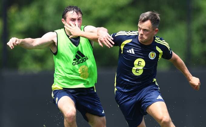 Lawrence Shankland of Scotland and John Souttar of Scotland Scotland Training Session and press conference, PK, Pressekonferenz 2026 FIFA World Cup, WM, Weltmeisterschaft, Fussball Football, Atrium Health Performance Park, Charlotte, USA - 08 Jun 2026Charlotte Atrium Health Performance Park United States of America EDITORIAL USE ONLY No use with unauthorised audio, video, data, fixture lists, club league logos or live services. Online in-match use limited to 120 images, no video emulation. No use in betting, games or single club league player publications.  Copyright: xMichaelxZemanek Shutterstockx 16917216fd