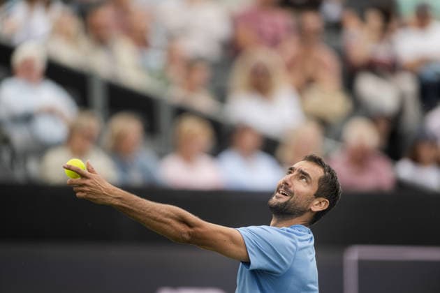 S-HERTOGENBOSCH, NETHERLANDS - JUNE 08: Marin Cilic of Croatia serves to Denis Shapovalov of Canada during their ATP, Tennis Herren Singles First Round match at the LibÃ ma Open on June 8, 2026 at Autotron s-Hertogenbosch in s-Hertogenbosch, Netherlands. Credit: Andy Astfalck NurPhoto Netherlands Copyright: xAndyxAstfalckx