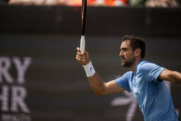 S-HERTOGENBOSCH, NETHERLANDS - JUNE 08: Marin Cilic of Croatia returns with a forehand shot to opponent Denis Shapovalov of Canada during their ATP, Tennis Herren Singles First Round match at the LibÃ ma Open on June 8, 2026 at Autotron s-Hertogenbosch in s-Hertogenbosch, Netherlands. Credit: Andy Astfalck NurPhoto Netherlands Copyright: xAndyxAstfalckx