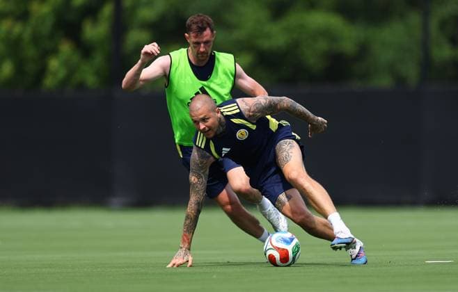 Lyndon Dykes of Scotland and Dominic Hyam of Scotland Scotland Training Session and press conference, PK, Pressekonferenz 2026 FIFA World Cup, WM, Weltmeisterschaft, Fussball Football, Atrium Health Performance Park, Charlotte, USA - 08 Jun 2026Charlotte Atrium Health Performance Park United States of America EDITORIAL USE ONLY No use with unauthorised audio, video, data, fixture lists, club league logos or live services. Online in-match use limited to 120 images, no video emulation. No use in betting, games or single club league player publications.  Copyright: xMichaelxZemanek Shutterstockx 16917216fx