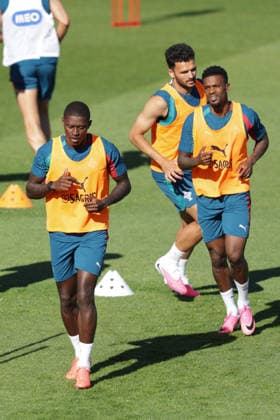 Training of the Portuguese national football team in the football city of Oeiras - Portugal, June 8, 2026, in Alges, Portugal. Nuno Mendes (Portugal ,25), Goncalo Ramos (Portugal ,9), Nelson Semedo (Portugal ,2)