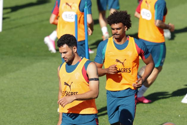 Training of the Portuguese national football team in the football city of Oeiras - Portugal, June 8, 2026, in Alges, Portugal. Goncalo Ramos (Portugal ,9), Renato Veiga (Portugal ,13)